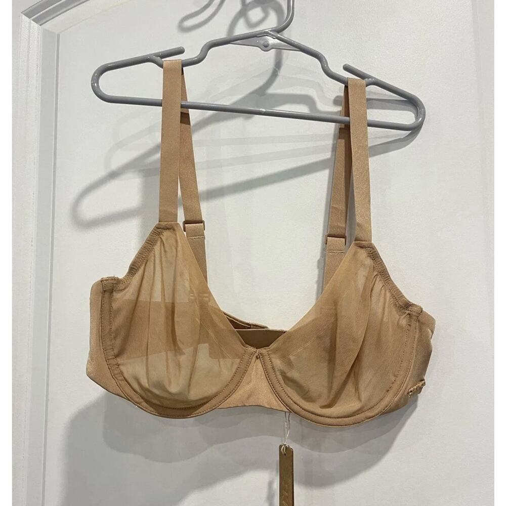 Skims Mesh Unlined Demi Cup Underwired Balconette Bra Beige Sheer Hook & Eye 34C